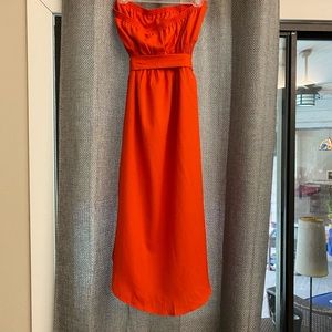 Bright orange midi strapless dress